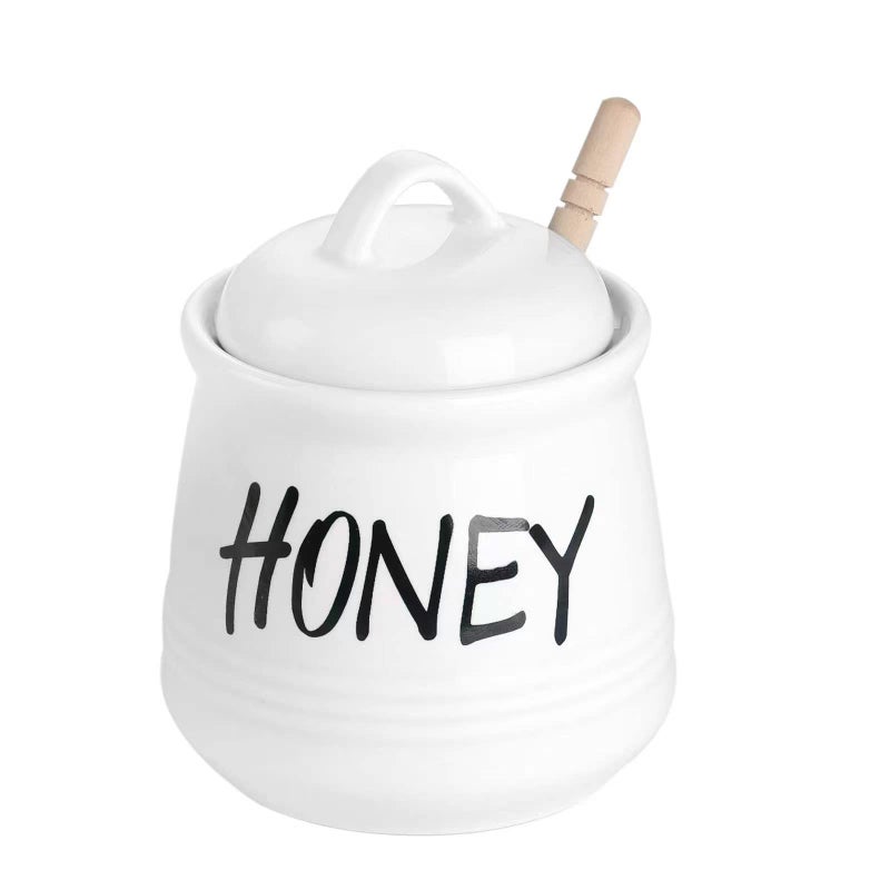 Haotop Porcelain Small Honey Jar With Lid And Honey Dipper 12Oz (White) - Image 1