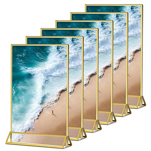 HESIN 6 Pack Acrylic Sign Holders 5x7 Clear Picture Frames with Gold Borders Double Sided Menu Holder Table Number for wedding , Photo, or Any Literature (5x7 inch) - Image 2