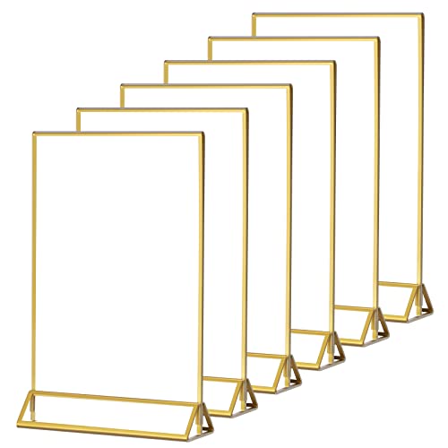HESIN 6 Pack Acrylic Sign Holders 5x7 Clear Picture Frames with Gold Borders Double Sided Menu Holder Table Number for wedding , Photo, or Any Literature (5x7 inch) - Image 1
