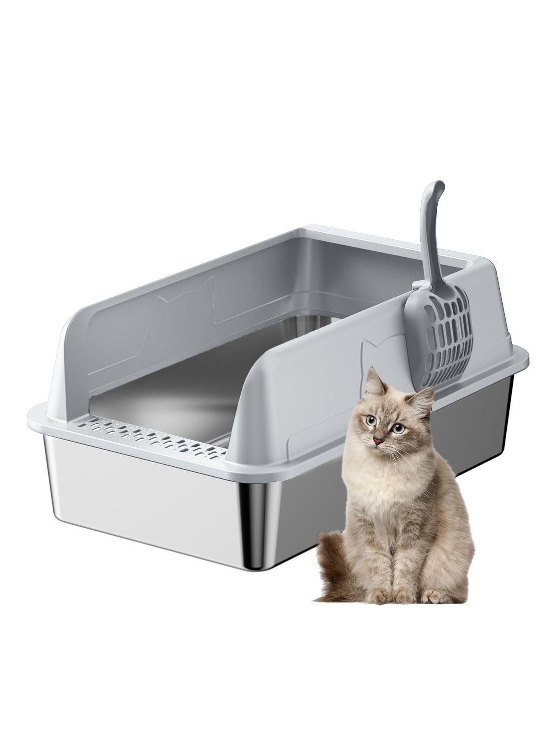 Large Stainless Steel Cat Litter Box with Litter Scoop Cat Toilet Cat Litter Tray High Wall Side Shell Non-Sticky Anti Splashing and Easy Clean 33.5*43.5*25.5cm
