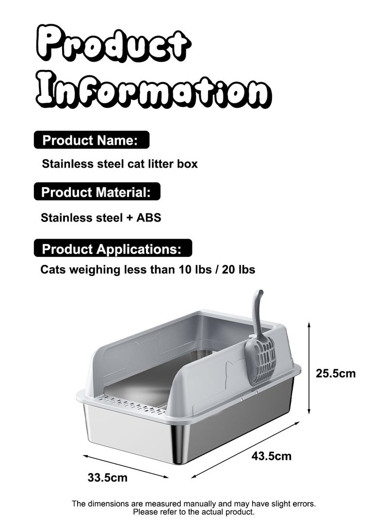 Kidle Large Stainless Steel Cat Litter Box with Litter Scoop Cat Toilet Cat Litter Tray High Wall Side Shell Non-Sticky Anti Splashing and Easy Clean 33.5*43.5*25.5cm - Image 4