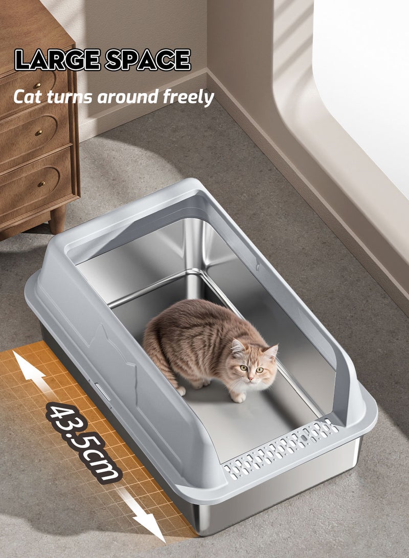 Kidle Large Stainless Steel Cat Litter Box with Litter Scoop Cat Toilet Cat Litter Tray High Wall Side Shell Non-Sticky Anti Splashing and Easy Clean 33.5*43.5*25.5cm - Image 2