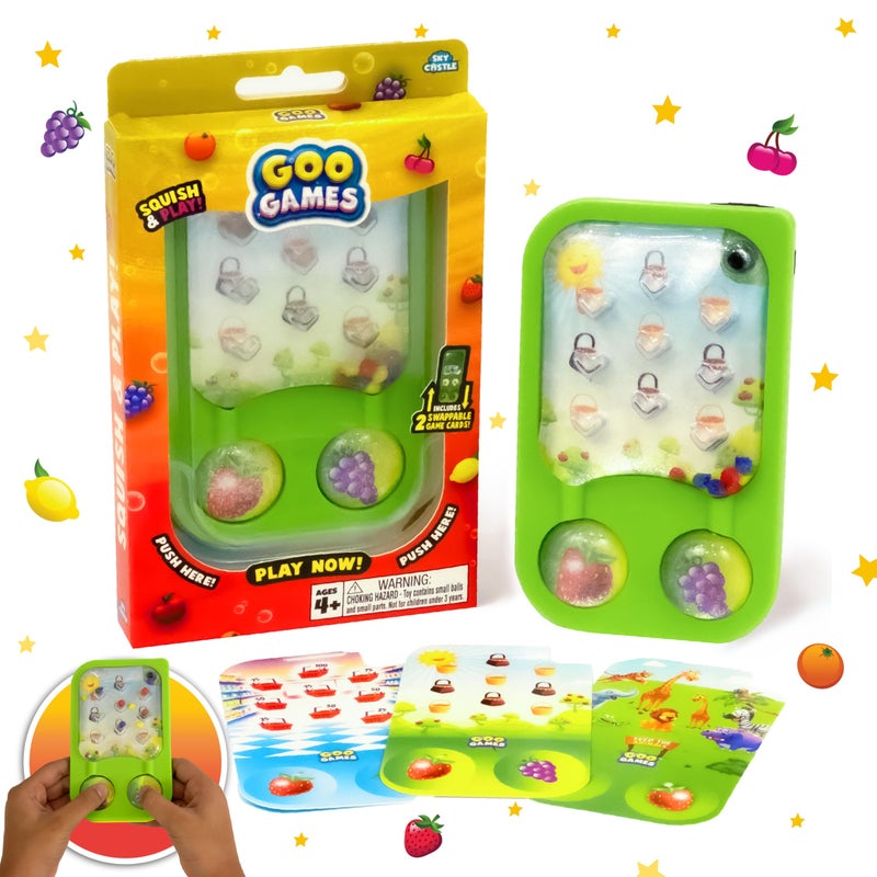 Sky Castle GooGames, Hand-Held Water Games with Floating Treasures, Sensory Fidget Game Adventures, Non-Toxic, No-Mess, Mesmerizing Glitter Fun, 3 Game Cards Included, Refillable, Perfect Travel Toy! (Fruits) - Image 1