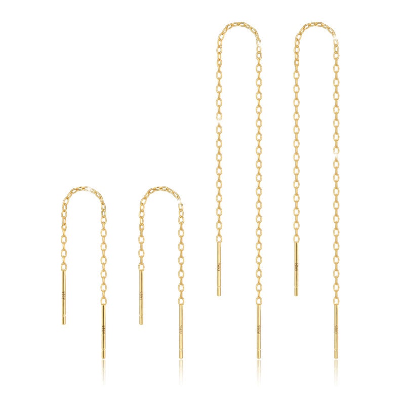 Aocelly Dangle Earrings for Women Threader Earrings 14K Gold Plated Sterling Silver,Dangling Drop Earring Chain Long Dangly Woman Dainty Earrings for Womens Simple 2 Set - Image 1