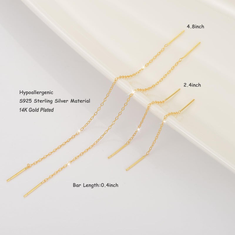 Aocelly Dangle Earrings for Women Threader Earrings 14K Gold Plated Sterling Silver,Dangling Drop Earring Chain Long Dangly Woman Dainty Earrings for Womens Simple 2 Set - Image 3