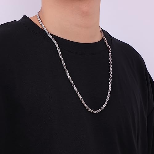 Fiusem قلادة سلسلة فضية للرجال من فيوزيم، سلسلة حبل من الفولاذ المقاوم للصدأ 4 مم للرجال والنساء، قلادة فضية بطول 22 بوصة - Image 3