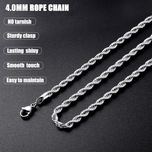 Fiusem قلادة سلسلة فضية للرجال من فيوزيم، سلسلة حبل من الفولاذ المقاوم للصدأ 4 مم للرجال والنساء، قلادة فضية بطول 22 بوصة - Image 5