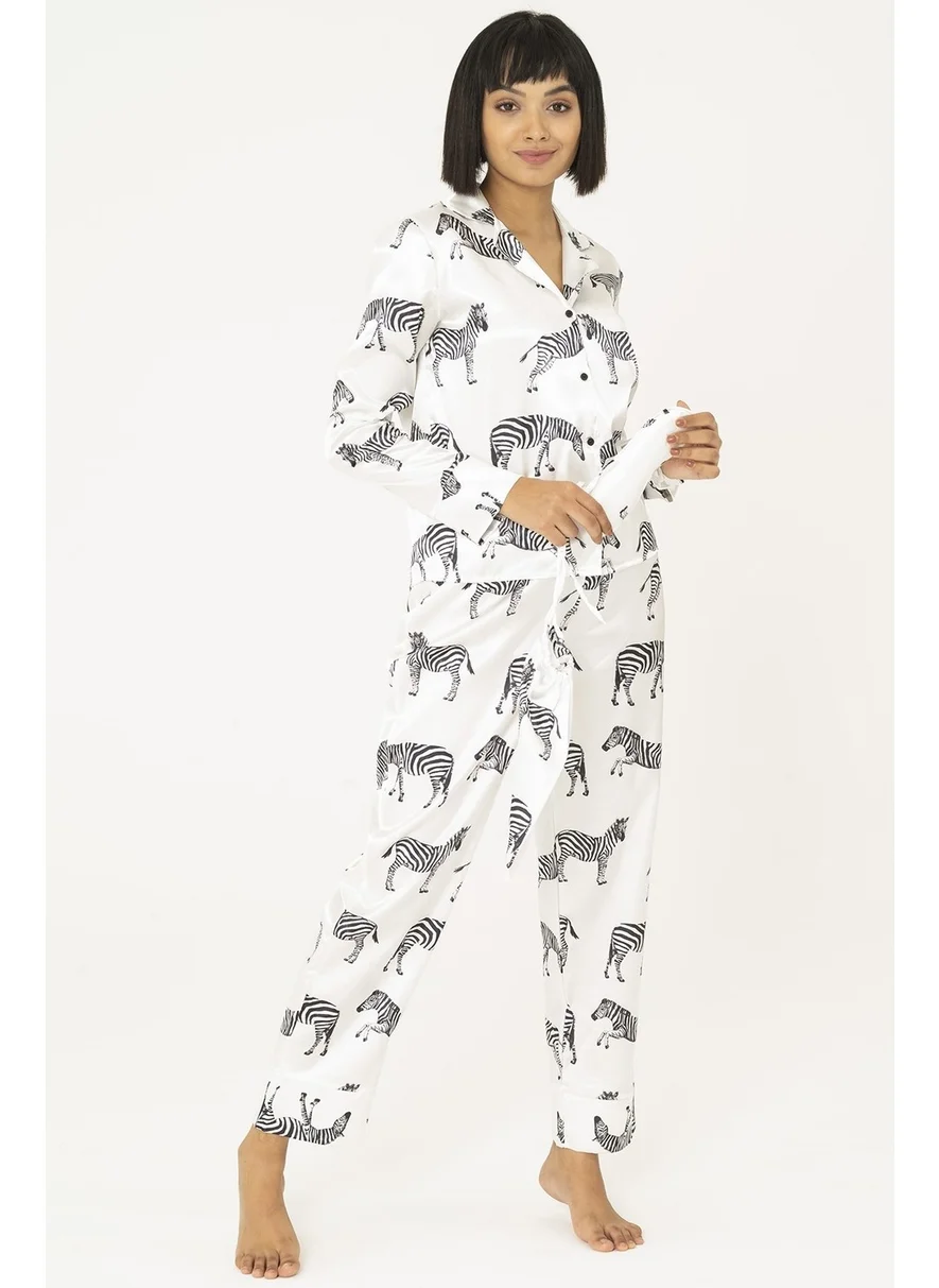 For You Moda 7-Piece Zebra Patterned Satin Pajama Set S32154 - White