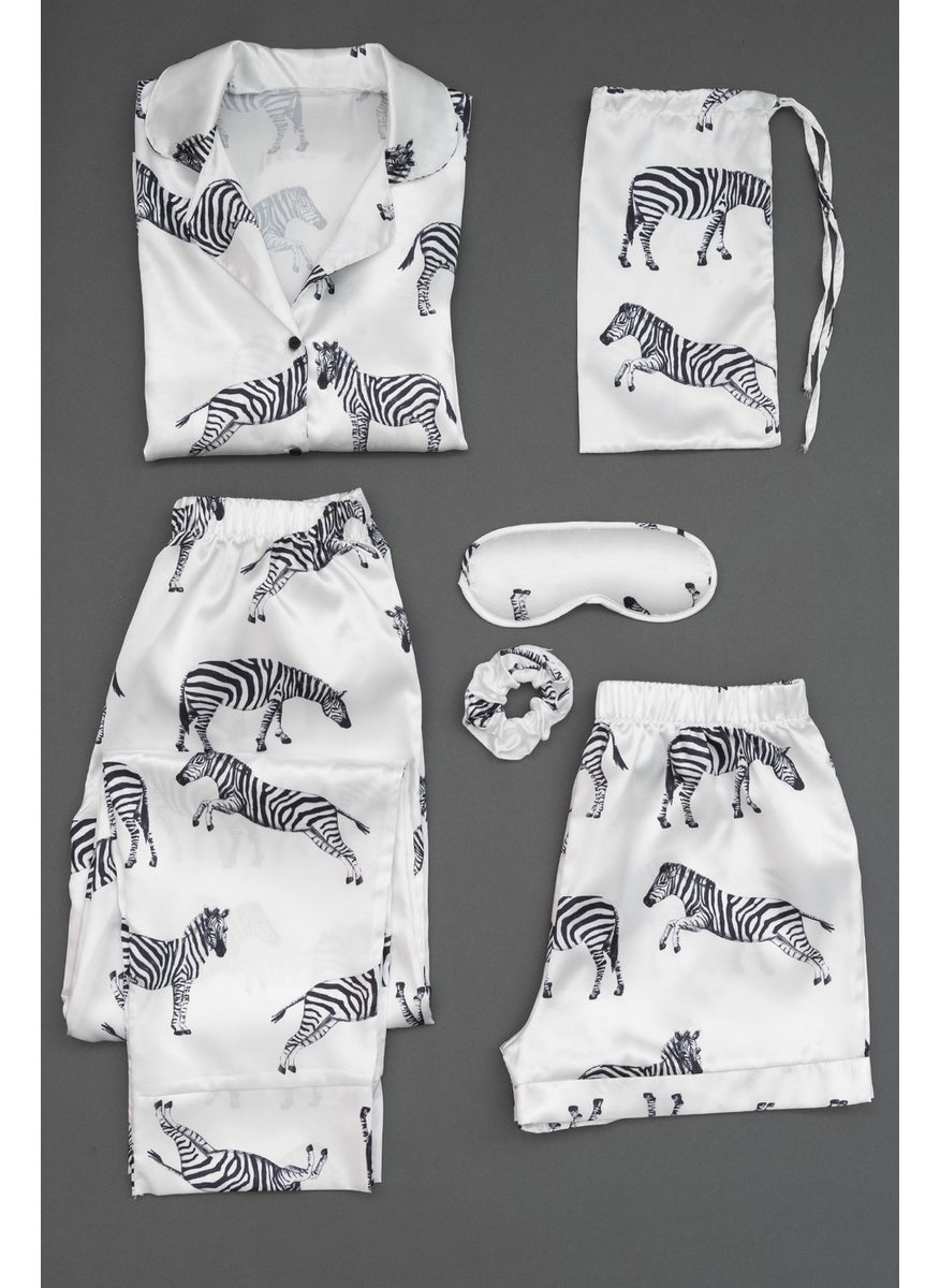 For You Moda - 7-Piece Zebra Patterned Satin Pajama Set S32154 - White - Image 1