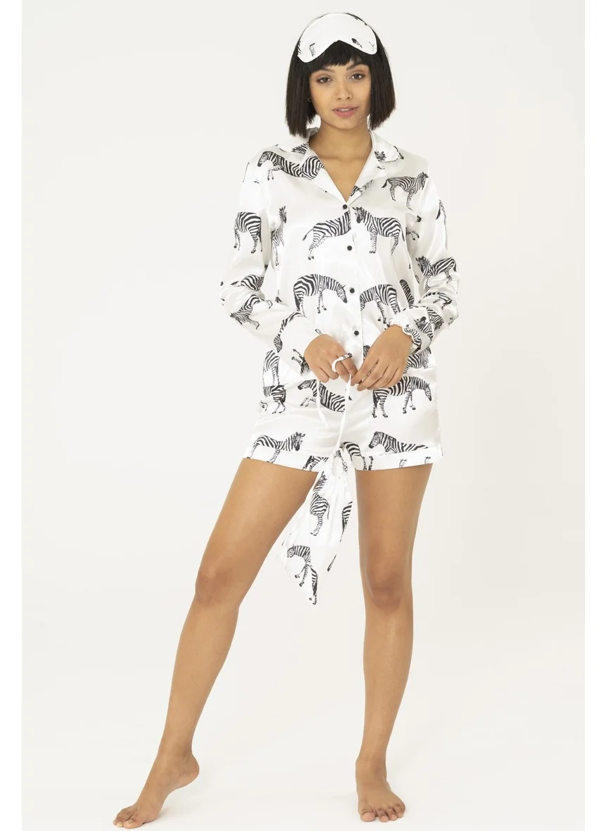 For You Moda 7-Piece Zebra Patterned Satin Pajama Set S32154 - White