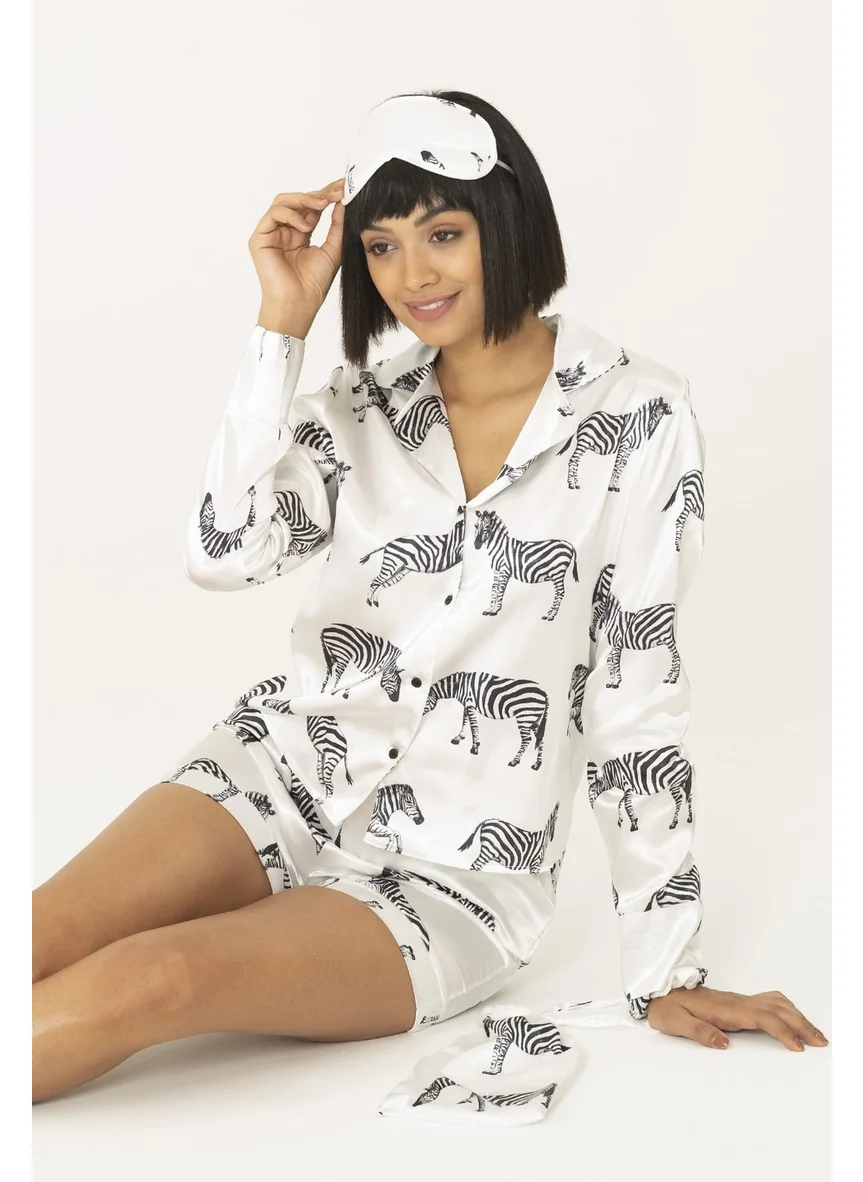 For You Moda 7-Piece Zebra Patterned Satin Pajama Set S32154 - White