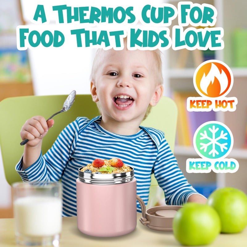 CJACJA Insulated Food Jar for Kids - 15.2 Oz, Thermo for Hot Food, Soup Thermo, Insulated Food Container, Termos Para Comida Caliente, Width Mouth Stainless Steel Lunch Box with Spoon, Pink - Image 2