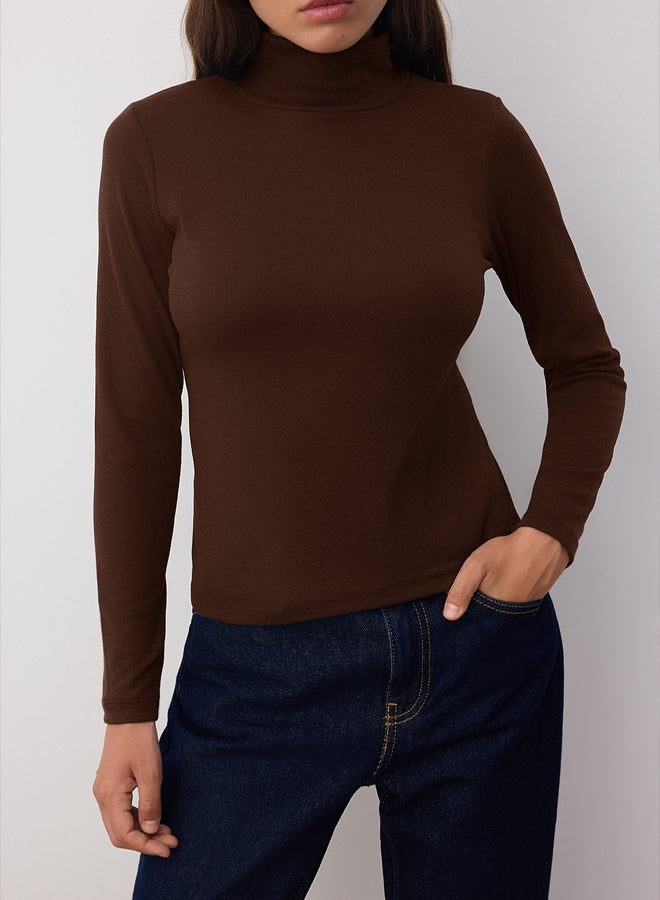 trendyol Brown Premium Soft Fabric Turtleneck Fitted/Slim Fit Stretchy Knitted Blouse - Image 3