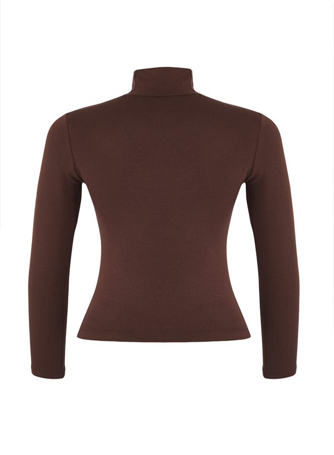 trendyol Brown Premium Soft Fabric Turtleneck Fitted/Slim Fit Stretchy Knitted Blouse - Image 5