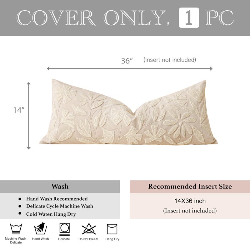 BlissBlush 14x36 Lumbar Pillow Cover for Bed, Rectangular Decorative Long Throw Pillowcase, Embroidered Farmhouse Accent Cushion, Beige Neutral Floral Tufted (Cover Only) - Image 5