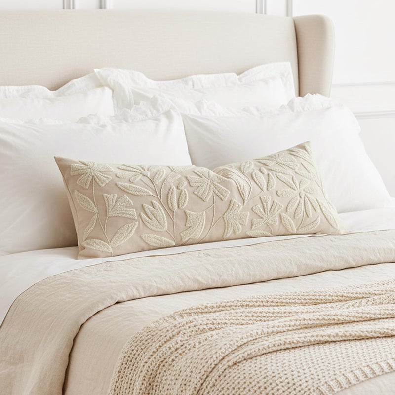 BlissBlush 14x36 Lumbar Pillow Cover for Bed, Rectangular Decorative Long Throw Pillowcase, Embroidered Farmhouse Accent Cushion, Beige Neutral Floral Tufted (Cover Only) - Image 1