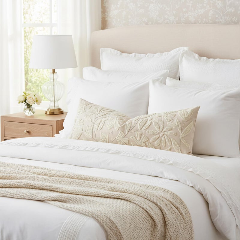 BlissBlush 14x36 Lumbar Pillow Cover for Bed, Rectangular Decorative Long Throw Pillowcase, Embroidered Farmhouse Accent Cushion, Beige Neutral Floral Tufted (Cover Only) - Image 3