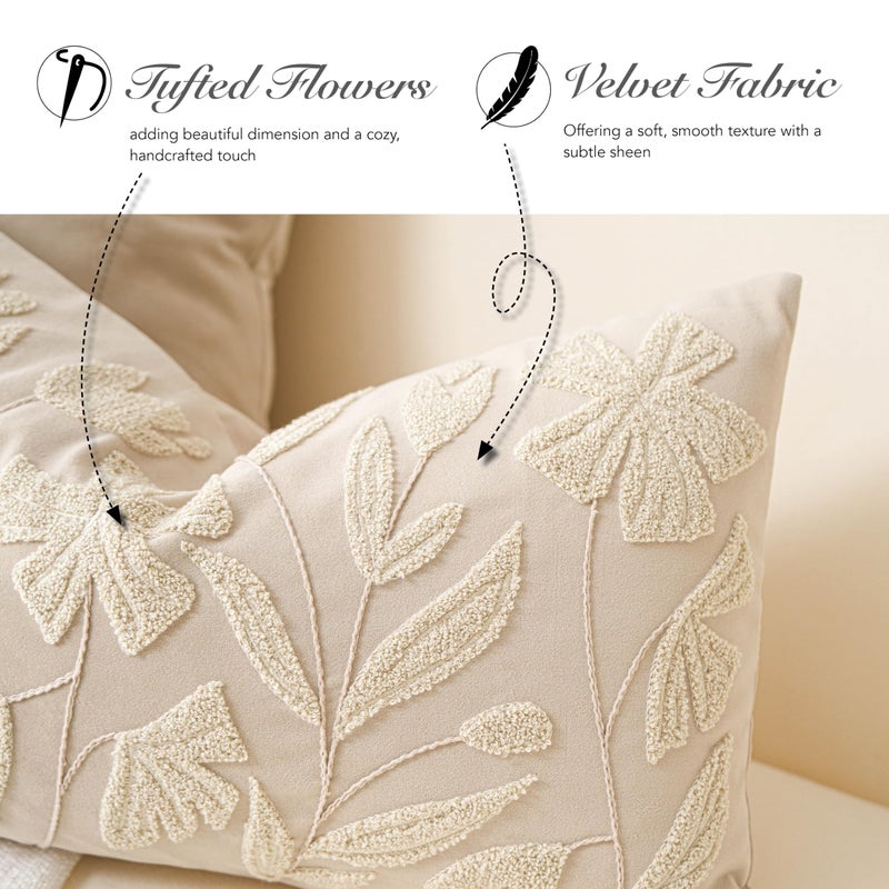 BlissBlush 14x36 Lumbar Pillow Cover for Bed, Rectangular Decorative Long Throw Pillowcase, Embroidered Farmhouse Accent Cushion, Beige Neutral Floral Tufted (Cover Only) - Image 4