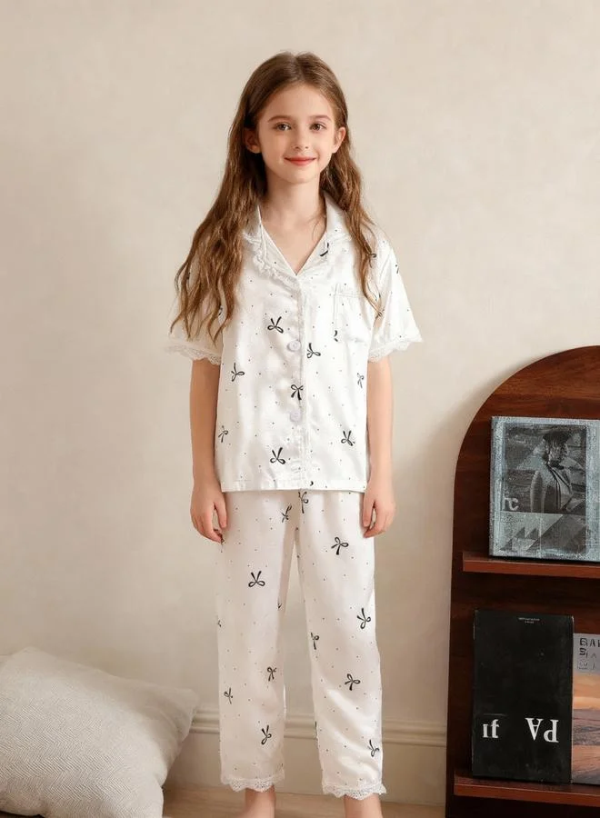 Take Two  Girls White Bow Print Lace Trim Shirt And Pyjama Set for Women | Best Price UAE