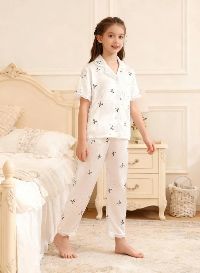 Take Two  Girls White Bow Print Lace Trim Shirt And Pyjama Set for Women | Best Price UAE