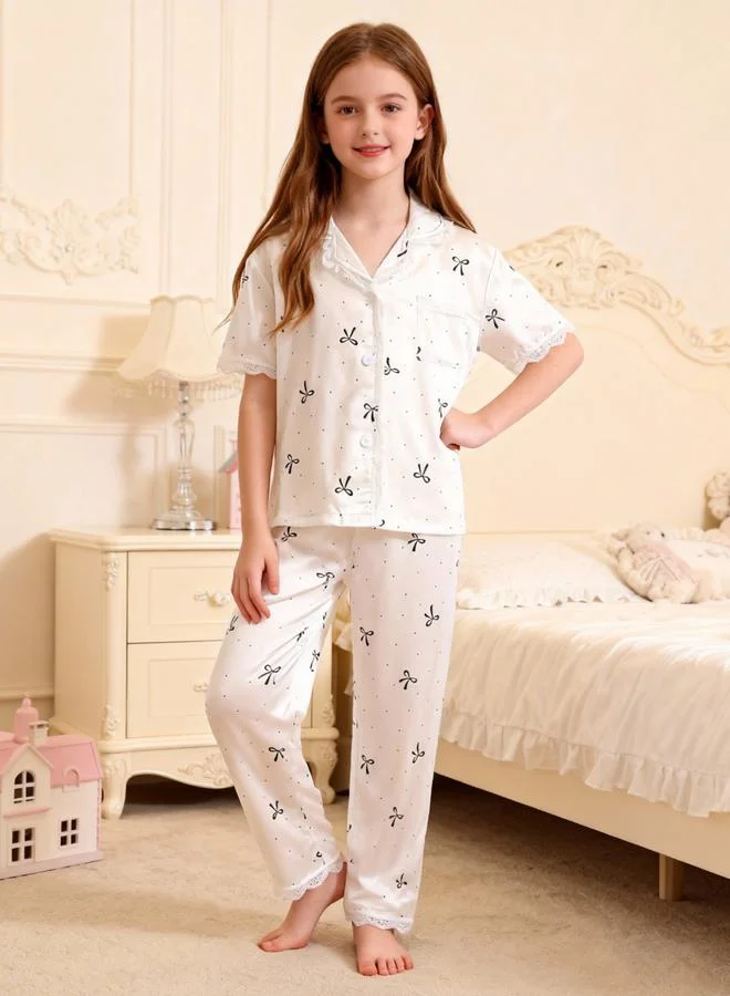Take Two  Girls White Bow Print Lace Trim Shirt And Pyjama Set for Women | Best Price UAE
