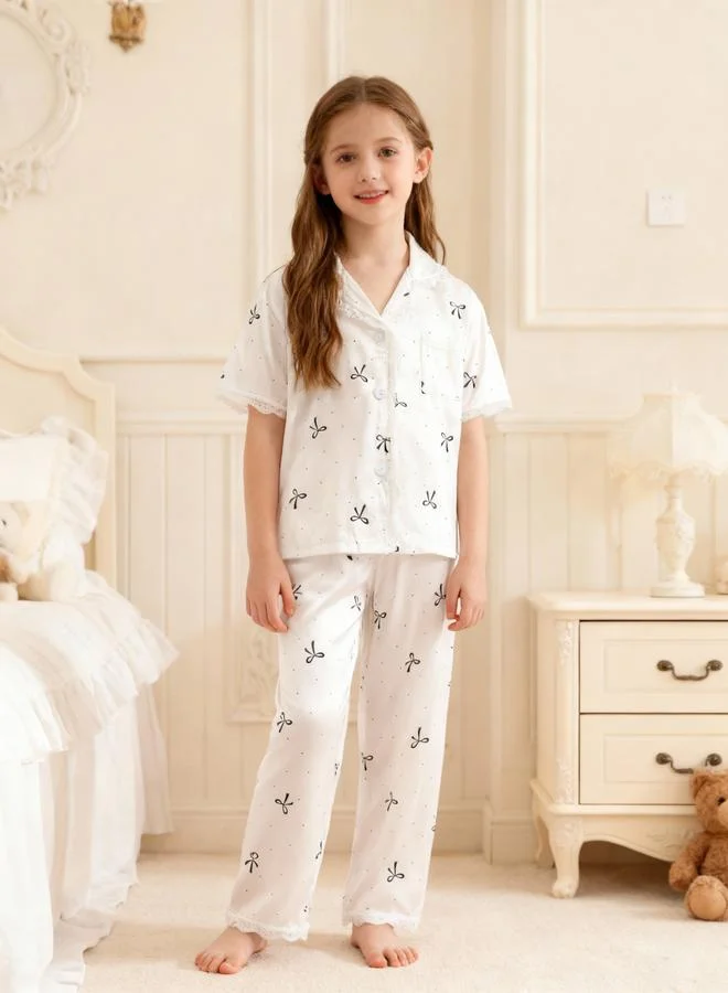 Take Two Girls White Bow Print Lace Trim Shirt and Pyjama Set