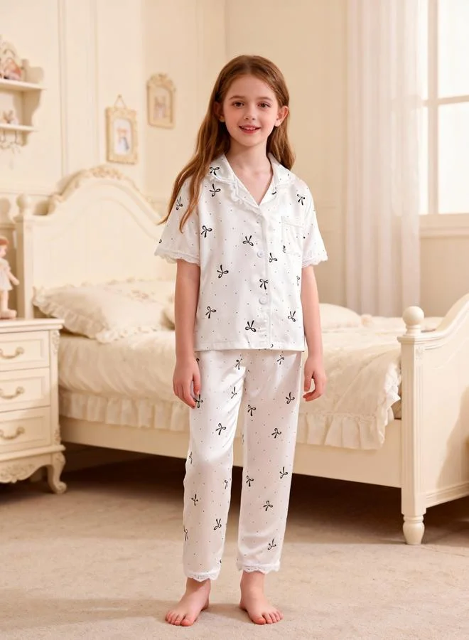 Take Two  Girls White Bow Print Lace Trim Shirt And Pyjama Set for Women | Best Price UAE