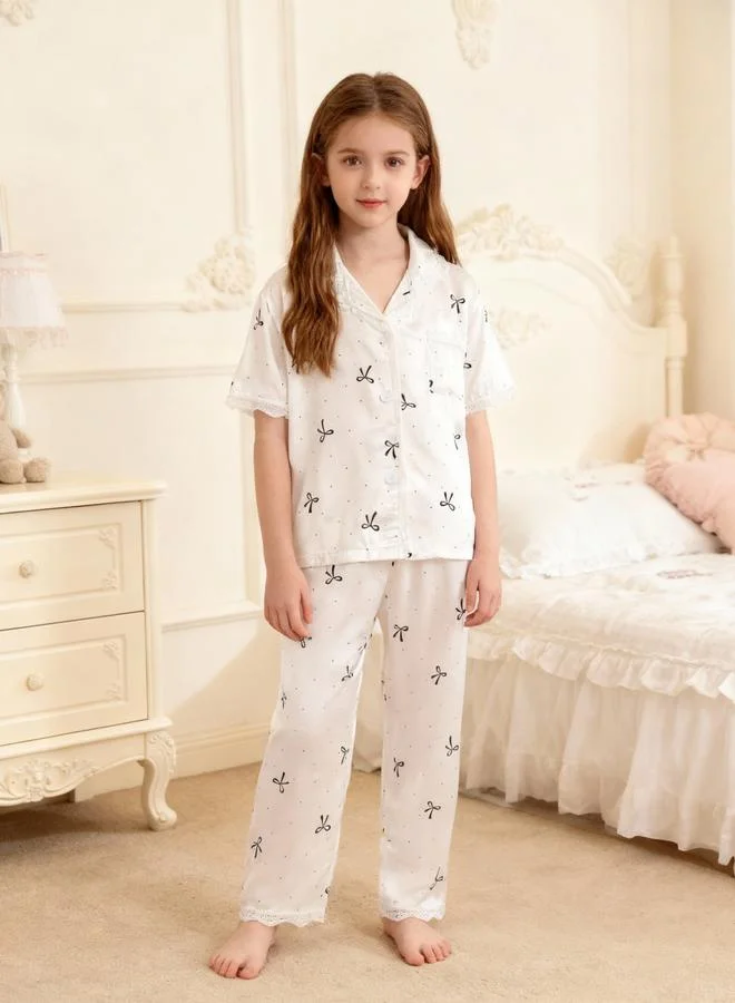 Take Two  Girls White Bow Print Lace Trim Shirt And Pyjama Set for Women | Best Price UAE