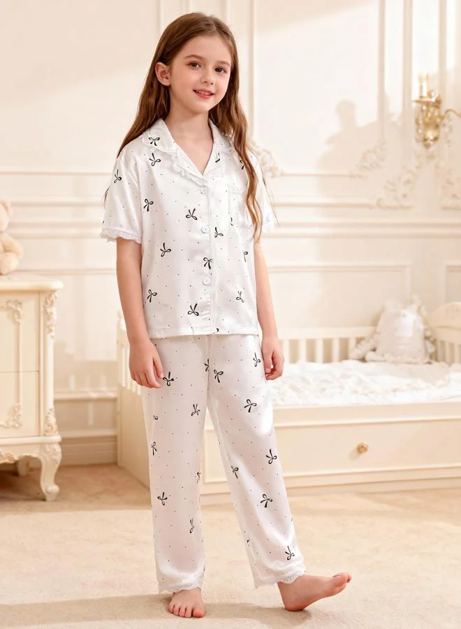 Take Two Girls White Bow Print Lace Trim Shirt and Pyjama Set