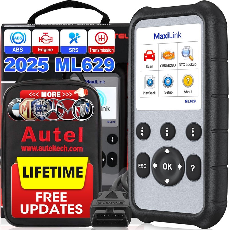 Autel أوتيل ماكسي لينك ML629 ماسح OBD2 للسيارات 2025 نموذج جديد مطور من AL619 ML619 قارئ رموز السيارات فحص المحرك ABS SRS أداة تشخيص نقل البيانات مع اختبار VIN التلقائي والبحث عن DTC