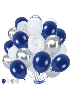 60 PCS Of Navy Blue White With Silver Chrome And Confetti Balloons