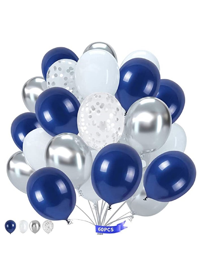 Boxwoods - 60 PCS Of Navy Blue White With Silver Chrome And Confetti Balloons - Image 1