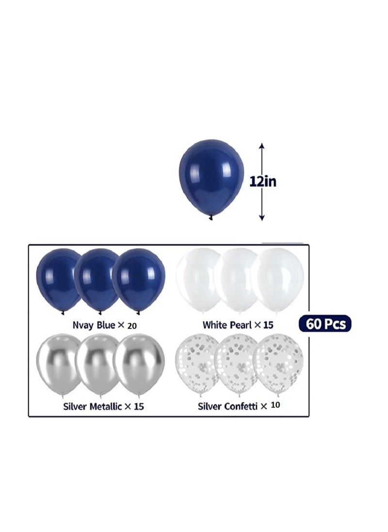 Boxwoods - 60 PCS Of Navy Blue White With Silver Chrome And Confetti Balloons - Image 1