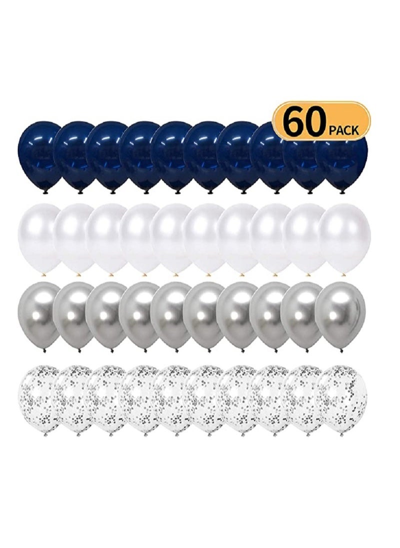Boxwoods - 60 PCS Of Navy Blue White With Silver Chrome And Confetti Balloons - Image 1