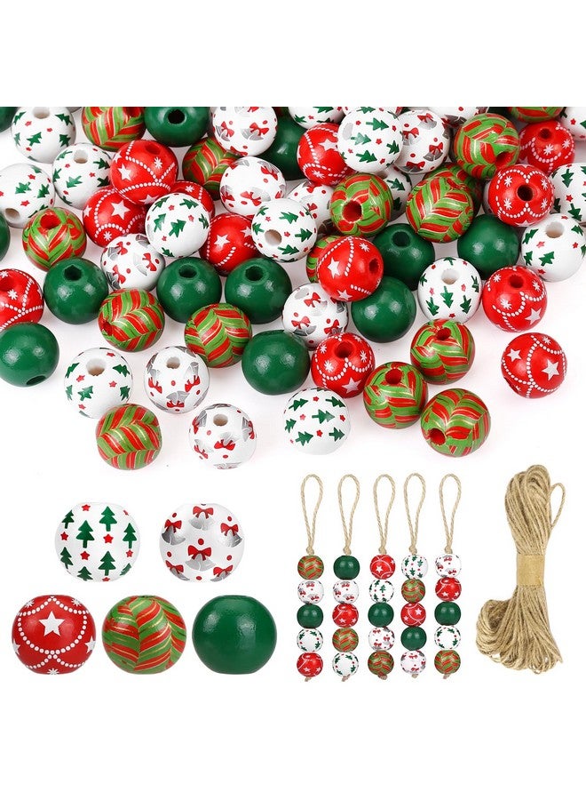 جي هول 120 قطعة من خرزات الكريسماس الخشبية، 0.6 بوصة خرزات الكريسماس للحرف اليدوية خرزات خشبية حمراء وخضراء مع خيوط بطول 65.6 قدم لزينة حفلات الكريسماس الشتوية والقلادات والأساور والحرف اليدوية - Image 1