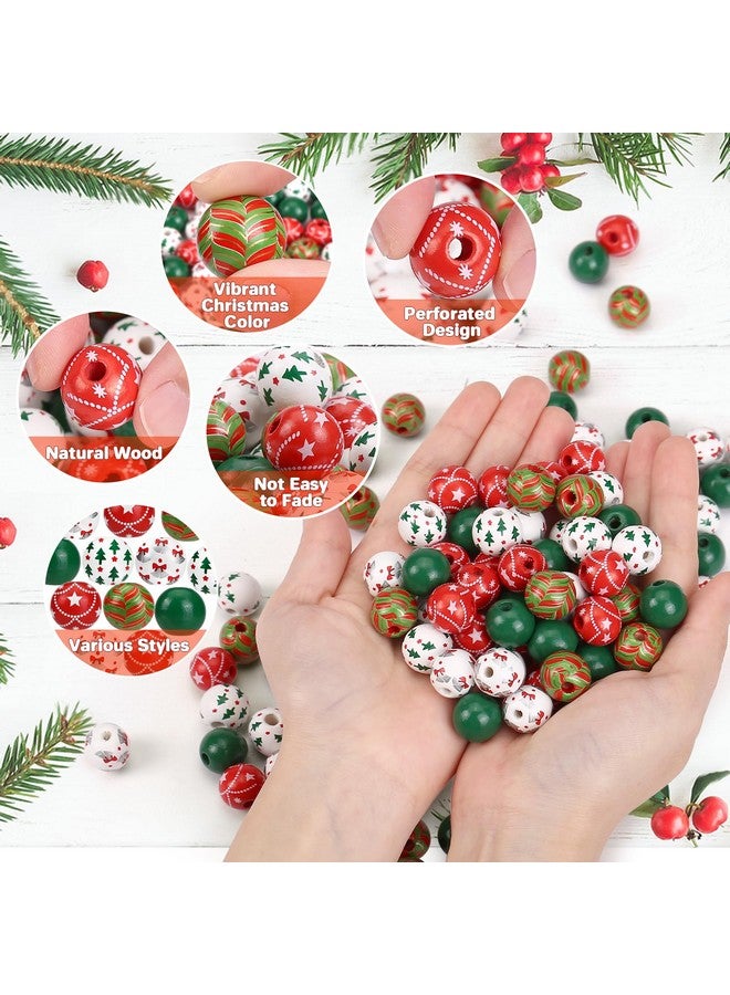 جي هول 120 قطعة من خرزات الكريسماس الخشبية، 0.6 بوصة خرزات الكريسماس للحرف اليدوية خرزات خشبية حمراء وخضراء مع خيوط بطول 65.6 قدم لزينة حفلات الكريسماس الشتوية والقلادات والأساور والحرف اليدوية - Image 3