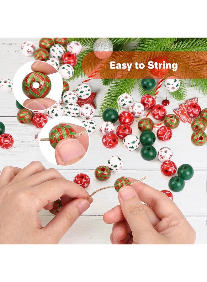 جي هول 120 قطعة من خرزات الكريسماس الخشبية، 0.6 بوصة خرزات الكريسماس للحرف اليدوية خرزات خشبية حمراء وخضراء مع خيوط بطول 65.6 قدم لزينة حفلات الكريسماس الشتوية والقلادات والأساور والحرف اليدوية - Image 4