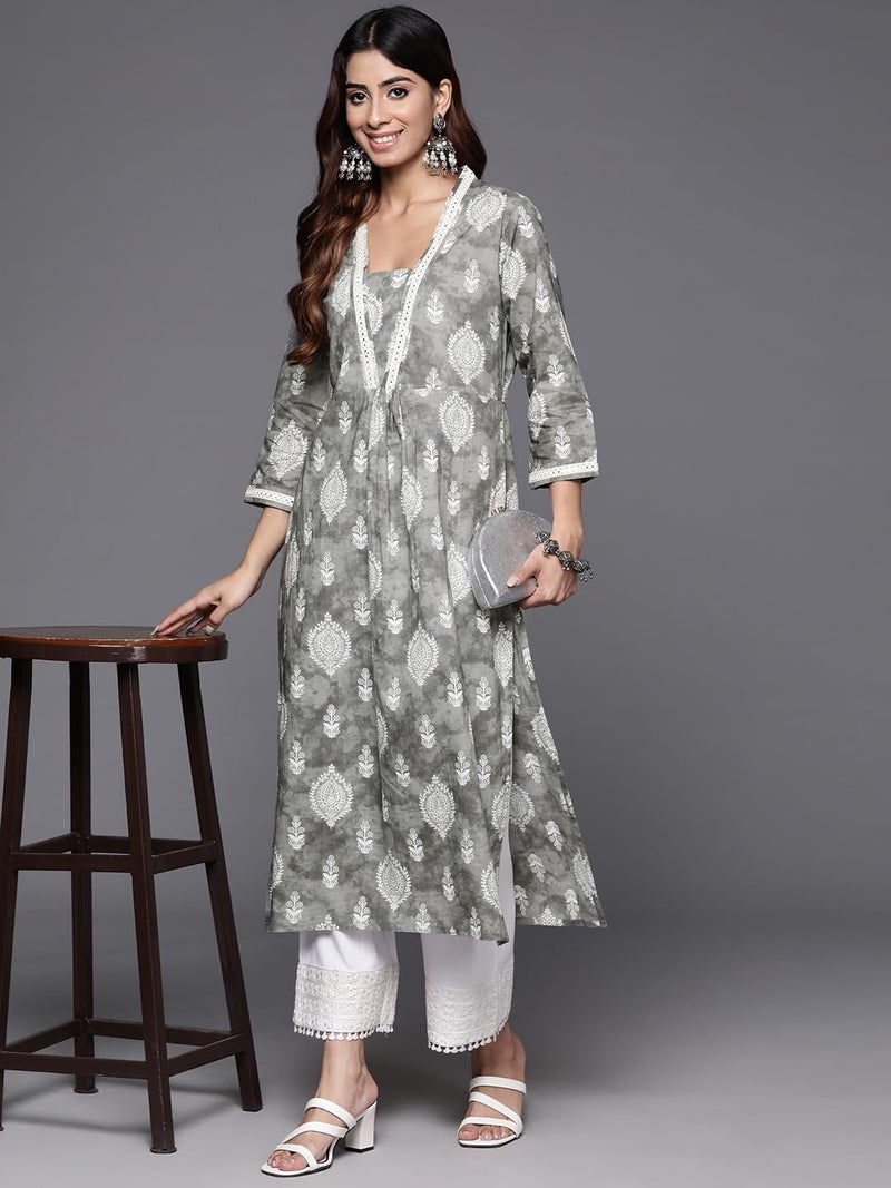 Varanga Women Grey Printed V-Neck Lace Embellished Straight Kurta - Traditional Ethnic Wear, Comfortable & Stylish for Casual & Festive Occasions (Large) - Image 5