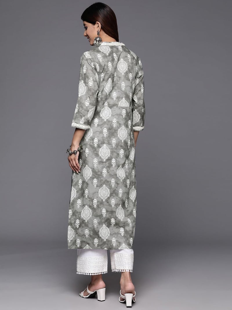 Varanga Women Grey Printed V-Neck Lace Embellished Straight Kurta - Traditional Ethnic Wear, Comfortable & Stylish for Casual & Festive Occasions (Large) - Image 3