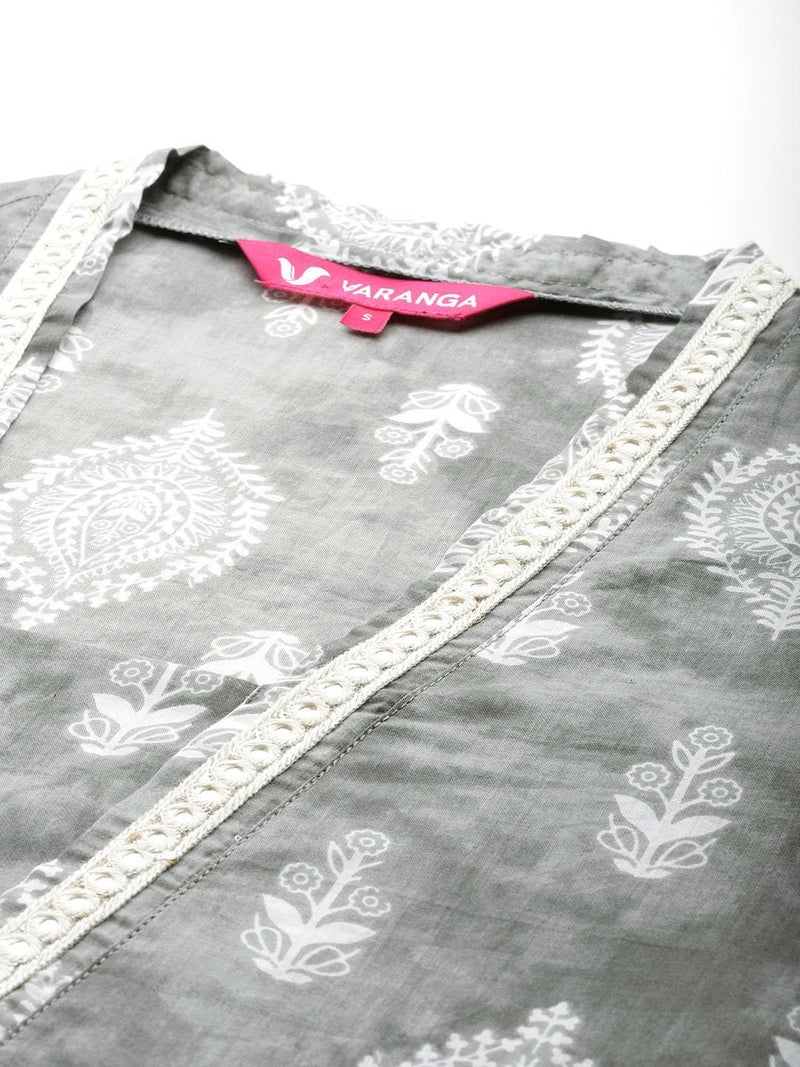 Varanga Women Grey Printed V-Neck Lace Embellished Straight Kurta - Traditional Ethnic Wear, Comfortable & Stylish for Casual & Festive Occasions (Large) - Image 4