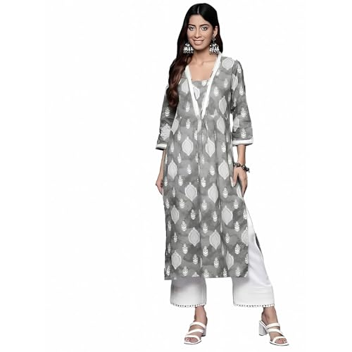Varanga Women Grey Printed V-Neck Lace Embellished Straight Kurta - Traditional Ethnic Wear, Comfortable & Stylish for Casual & Festive Occasions (Large) - Image 1