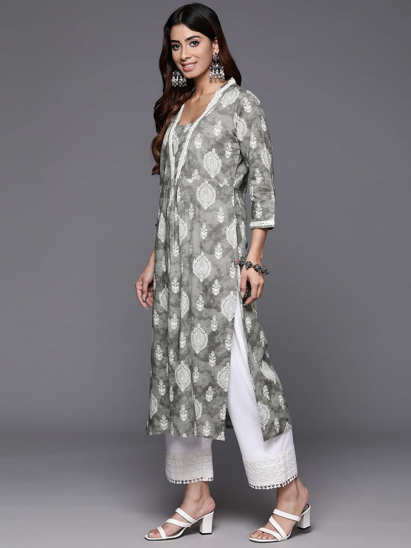 Varanga Women Grey Printed V-Neck Lace Embellished Straight Kurta - Traditional Ethnic Wear, Comfortable & Stylish for Casual & Festive Occasions (Large) - Image 2