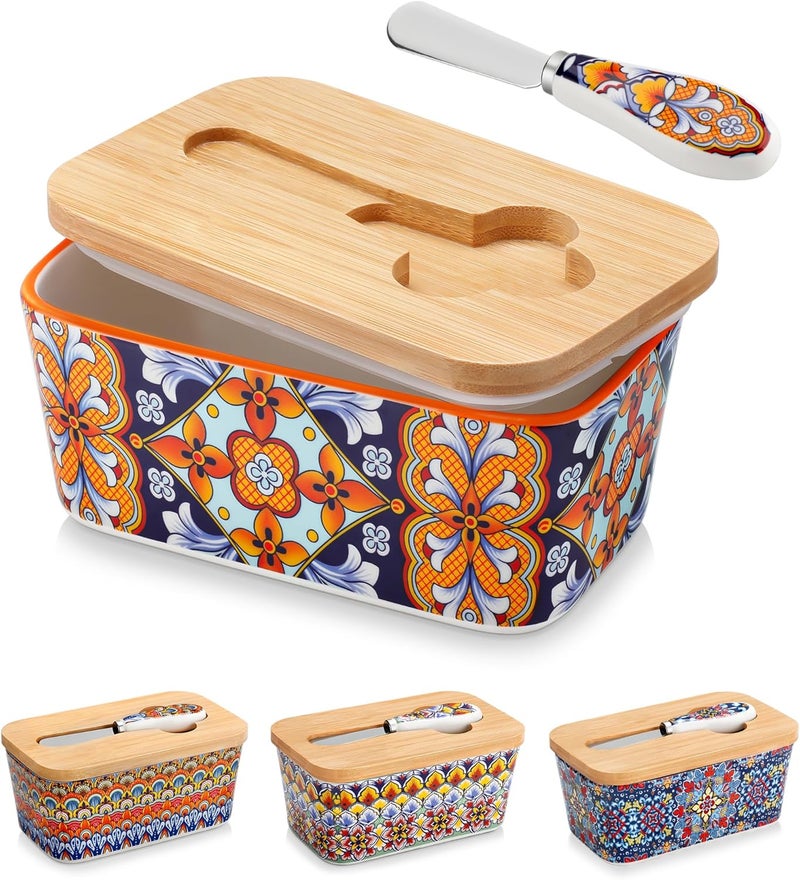 vancasso SIMI Butter Dish with Lid, 6.5" Large Butter Dish for Countertop, Bohemian Ceramic Butter Keeper Container with Knife and Bamboo Lid, Butter Holder for Counter, Amber Elegance - Image 1