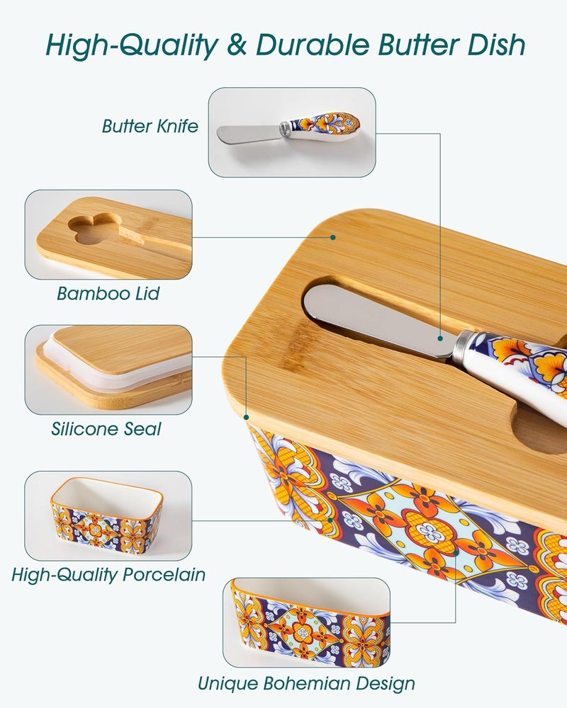 vancasso SIMI Butter Dish with Lid, 6.5" Large Butter Dish for Countertop, Bohemian Ceramic Butter Keeper Container with Knife and Bamboo Lid, Butter Holder for Counter, Amber Elegance - Image 5