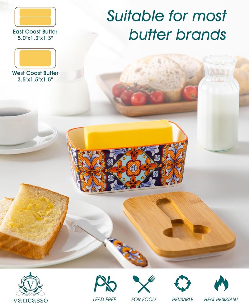 vancasso SIMI Butter Dish with Lid, 6.5" Large Butter Dish for Countertop, Bohemian Ceramic Butter Keeper Container with Knife and Bamboo Lid, Butter Holder for Counter, Amber Elegance - Image 4