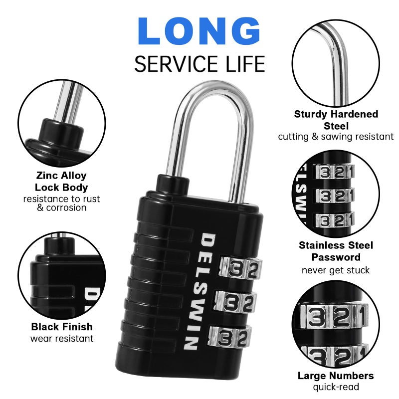 DELSWIN Combination Lock 3-Digit Small Padlock - 4Pcs Resettable Combo Lock for School Gym Locker, Outdoor, Fence, Gate, Waterproof Luggage Locks for Travel Backpack - Image 4