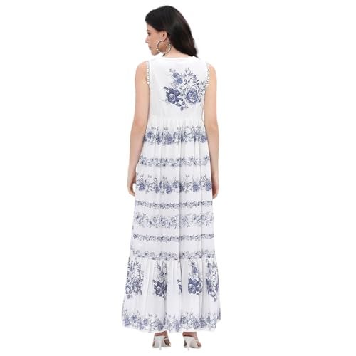 BIBA Women Off-White-Blue Cotton Tiered Printed Dress_32 - Image 4