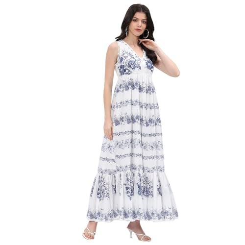 BIBA Women Off-White-Blue Cotton Tiered Printed Dress_32 - Image 3
