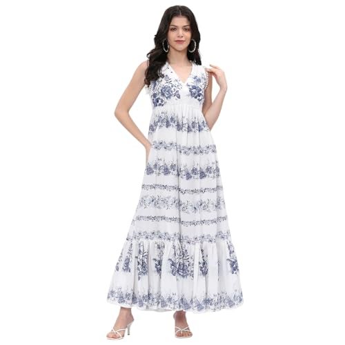 BIBA Women Off-White-Blue Cotton Tiered Printed Dress_32 - Image 1