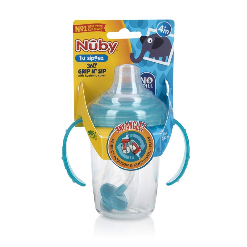 Nuby No Spill 360 Weighted Straw Grip N' Sip Tritan Cup with Hygienic Cover, 8 Oz, Trainer Cup, Teal - Image 2
